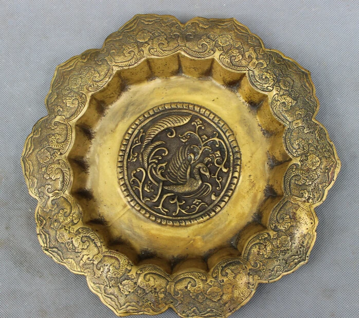 

song voge gem S3008 12" Chinese Bronze Carved FengShui Bird Peacock Phoenix Flower Statue Plate Tray
