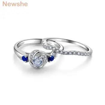 

Newshe Wedding Ring Set For Women Bridal 925 Sterling Silver Gyrate Round Cut Blue Side Stone AAA CZ Engagement Rings JR5599