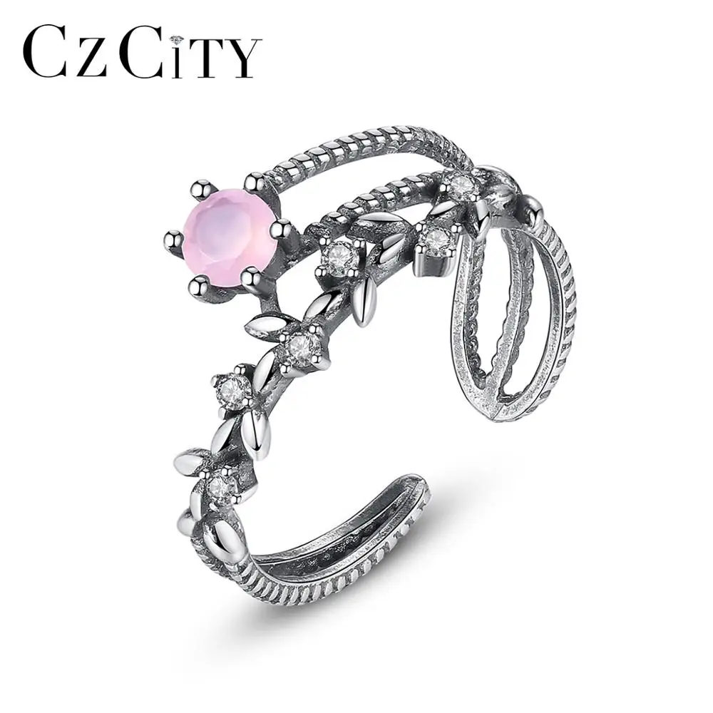 

CZCITY Vintage Solid Thai Silver Leaf Open Rings for Women Fine Jewelry Party Pink CZ Anillos Joyas De Plata Femme Gifts SR0250