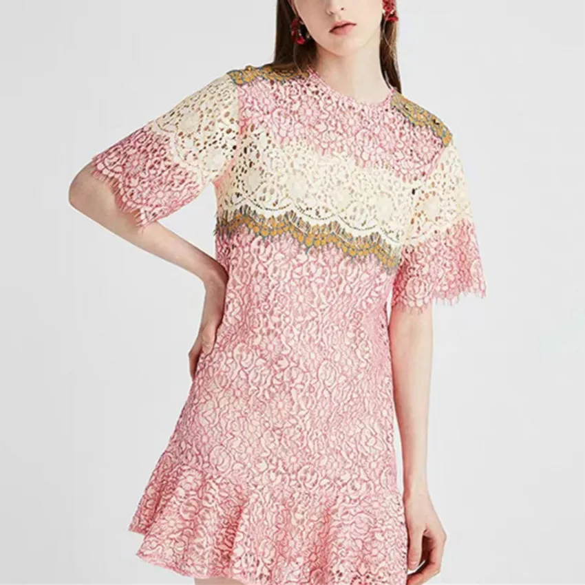 

New Collection Women Chic Lace Dress Hollow Out Patchwork 2019 Summer Mini Straight Loose Ladies Dresses High Quality Vestidos