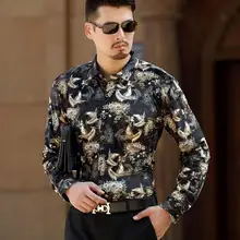 Топ моды Товары для птиц печати мужские шелк Рубашки для мальчиков с длинным рукавом Вельветовое платье рубашка Повседневное Формальные Slim Fit Футболка с цветочным принтом для мужчин
