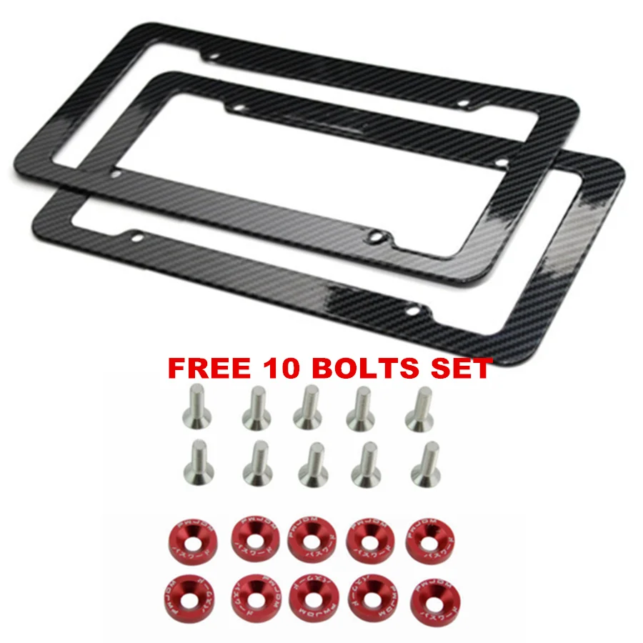 1 Pair Black Carbon Fiber Style Front & Rear License Plate Frames