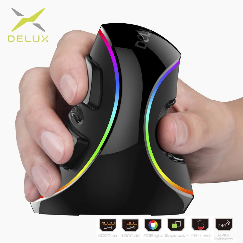 Delux M618 más ergonomía vertical ratón con cable 6 Botones 4000 dpi óptico inalámbrico RGB mano derecha Ratones para PC portátil
