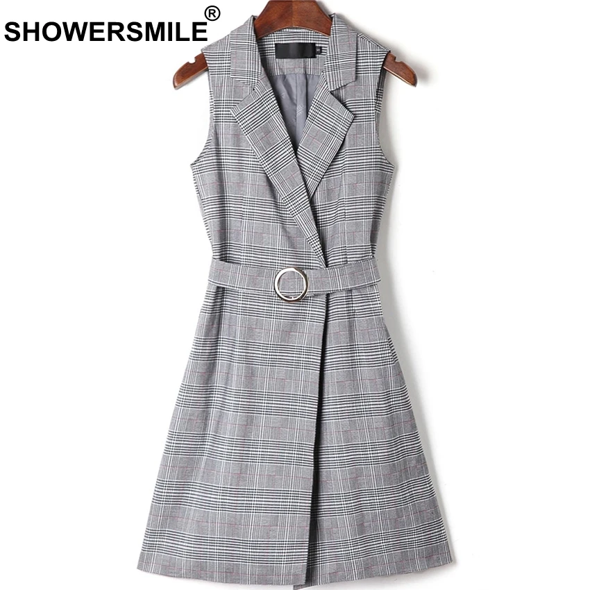 SHOWERSMILE Spring Grey Women Checkered Vest Slim Fit Belt Sleeveless Long Office Jackets With Pockets Elegant Waistcoat Plaid