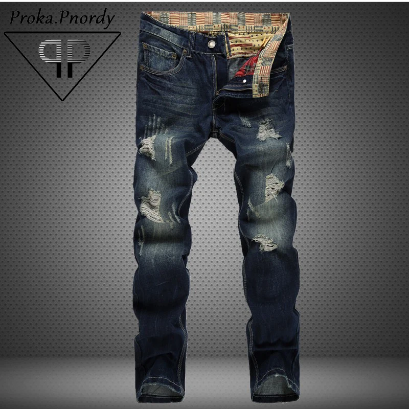 Proka pnordy Марка проблемных джинсы Для мужчин Мода 2017 г. уничтожить отверстие джинсы Для мужчин прямо Тонкий Усы эффект Рваные джинсы