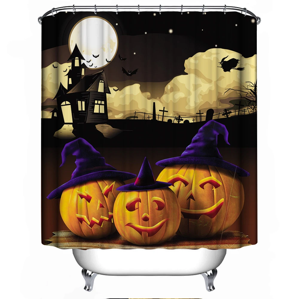 3D Shower Curtains Hooks Halloween Pumpkin Lights Pattern Waterproof Thickened Washable Bath