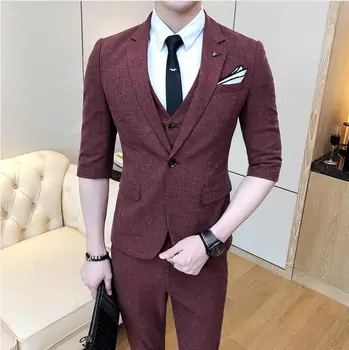 

(Jacket+Vest+Pants)2019 Men's Wedding Dress Slim Fit Wool Suit Men Short Sleeve Wedding Suits Man Three Pieces Costume Homme