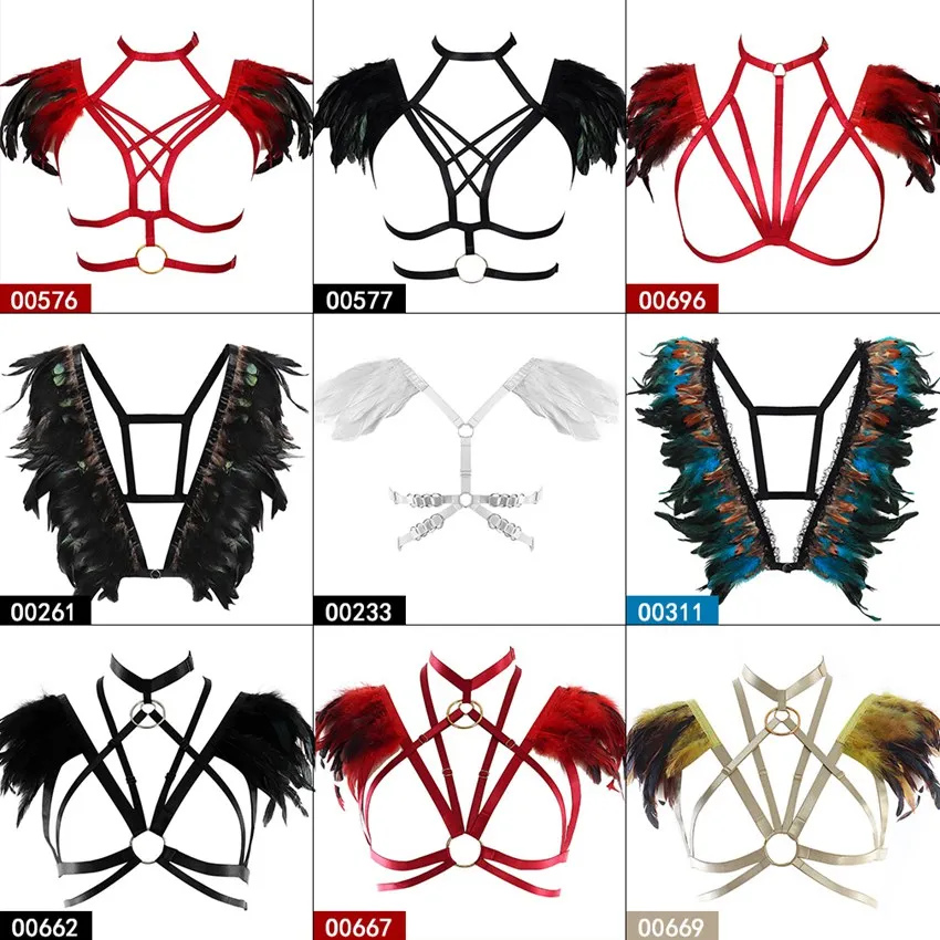 

Women Feather Shawl Waistcoat Harness Bra Strappy Body Cage Chest Burning Man Festival Rave Lingerie Goth Cosplay Art clothing