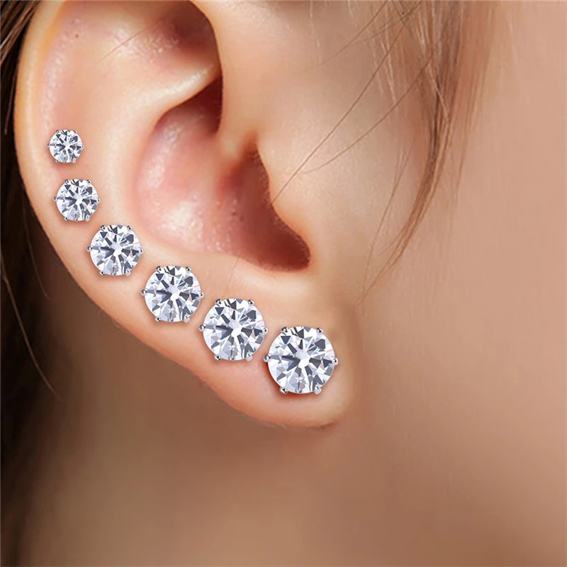 

3-8MM Fshion Punk Cubic Ear Studs Stainless Steel Round Small White Black Stud Earrings Jewelry For Cool Women Men 6 Pair