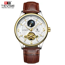 TEVISE Automatic Mechanical Tourbillon Watch Men Leather Business Casual Self Wind Wristwatches Moon Phase Luminous RelogioT820B