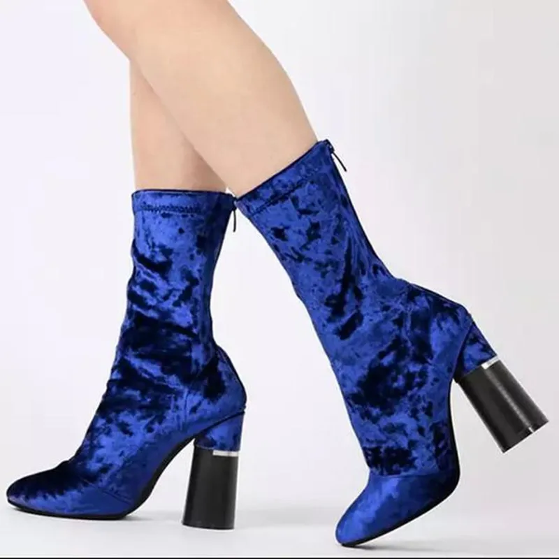 Mais recentes estilos de veludo cabeça Quadrada botas curtas mulheres Sapatos zipper botas de inverno cavaleiro botas nuas botas de salto alto azul royal(China (Mainland))