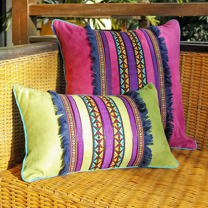 Bohemian style suede cushion cover tassel embroidered pillow cover sofa