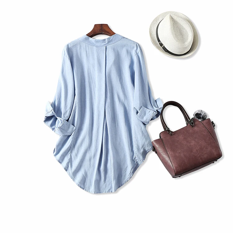 Для женщин осенняя блузка 50% хлопок 50% лен 3/4 с длинными рукавами белые блузки офис леди рубашка осень-зима светильник синий