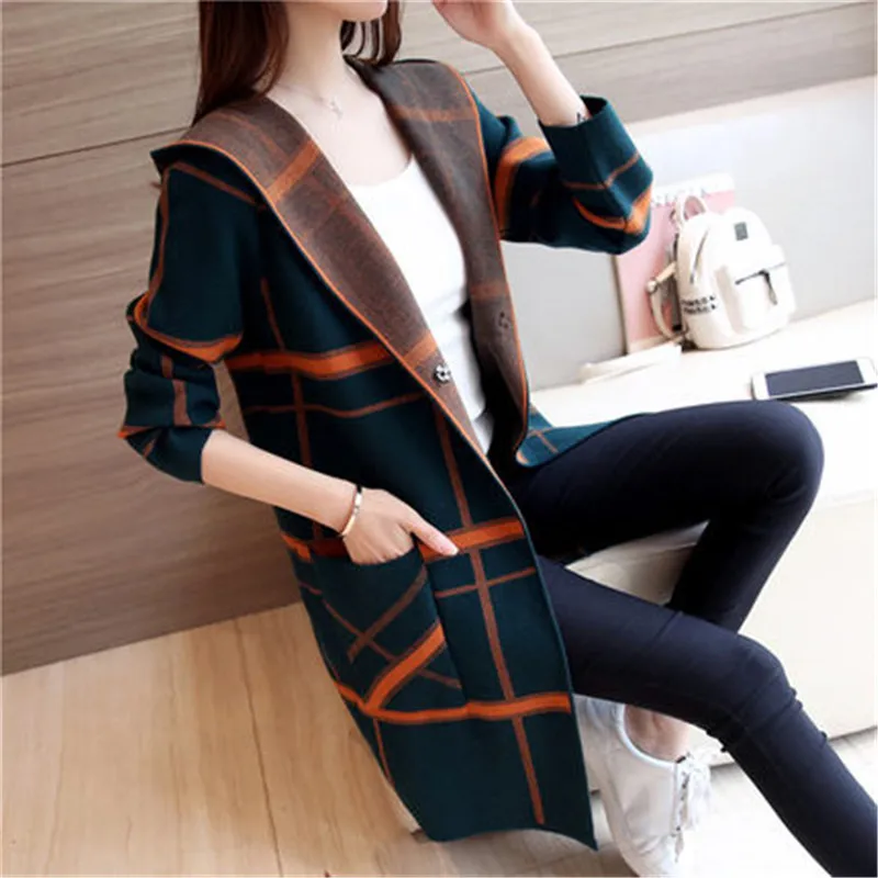 

2019 Autumn Winter New Women's Korean Long Section Knitted Cardigan Hooded Coat Wild Sweater Coat Female Spring Jakcets A1253