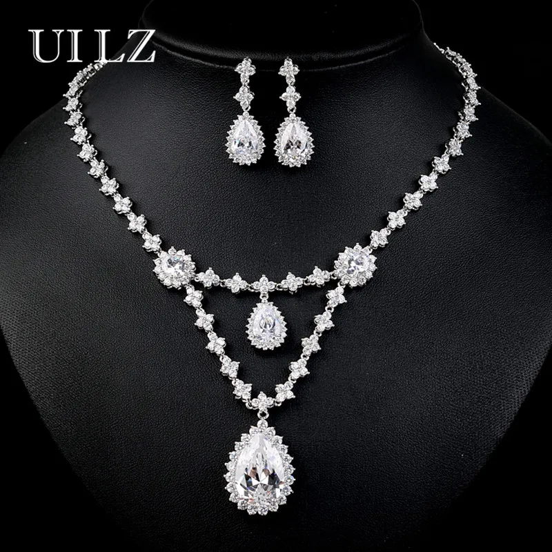 

UILZ Luxury Water Drop Cubic Zircon Women Jewelry Set Multi-layer Necklace And Drop Earrings Set For Anniversary US101
