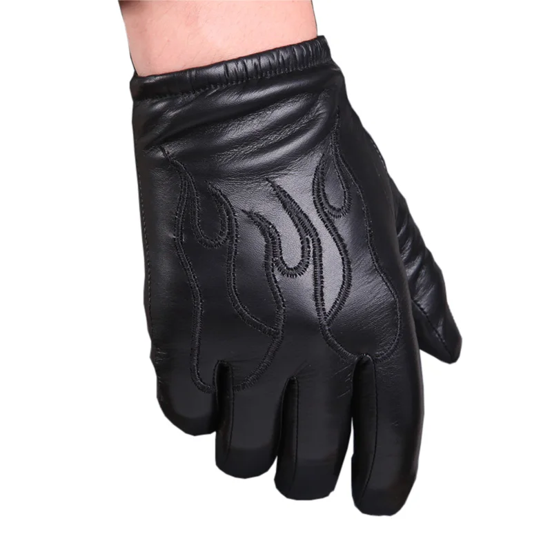 Sheepskin Gloves Male Autumn Winter Thicken Plush & Nylon Lined Genuine Leather Full Palm Touchscreen Embroidery Gloves M050NC2
