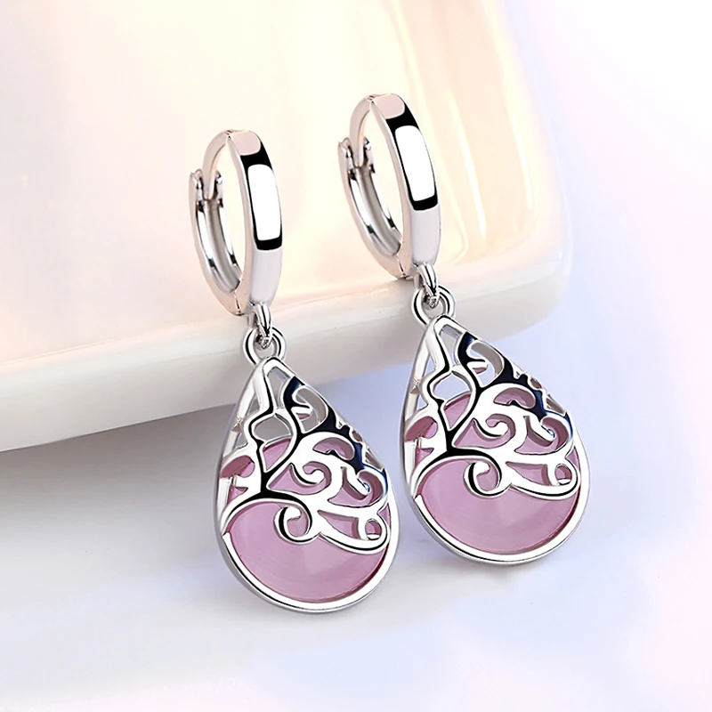 

Luxury 925 Sterling Silver Pink Moonlight Opal Tears Totem Dangle Drop Earrings for Women Gift oorbellen boucle d'oreille
