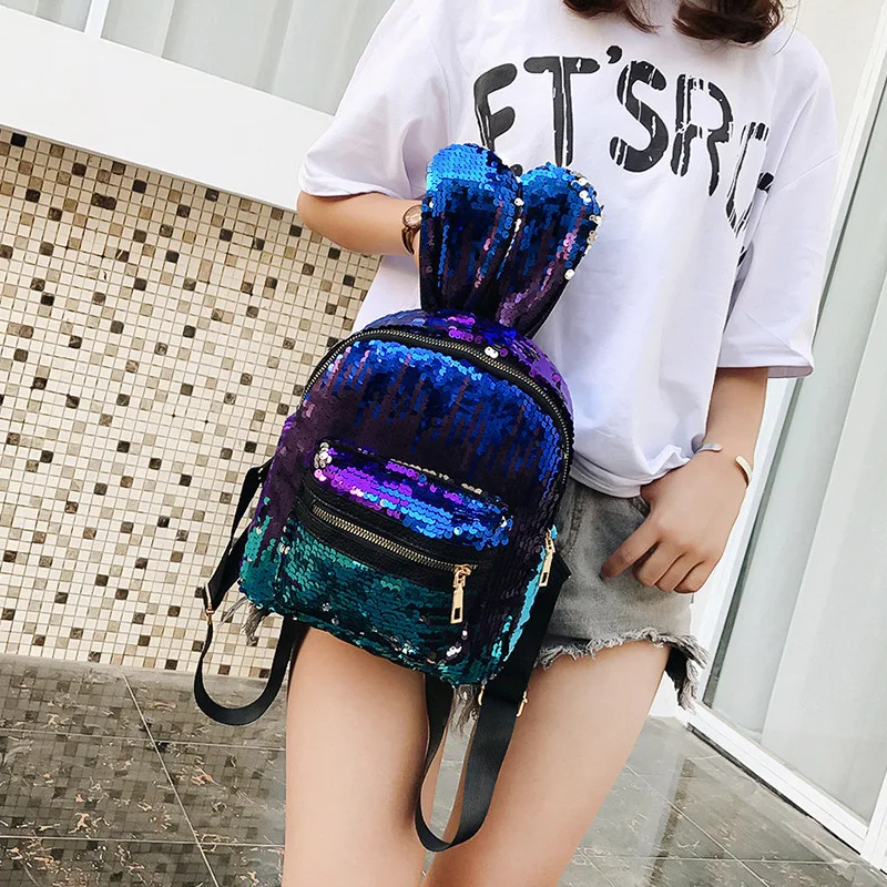 

New Sequins Backpack Female Fashion Cute Cartoon Rabbit Ears Small Backpacks Personality Street Casual Travel Backpack 5 Colors