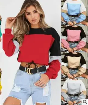 

2019 European and American women's long-sleeved seven-color stitching circular collar band hoodies new autumn short styl