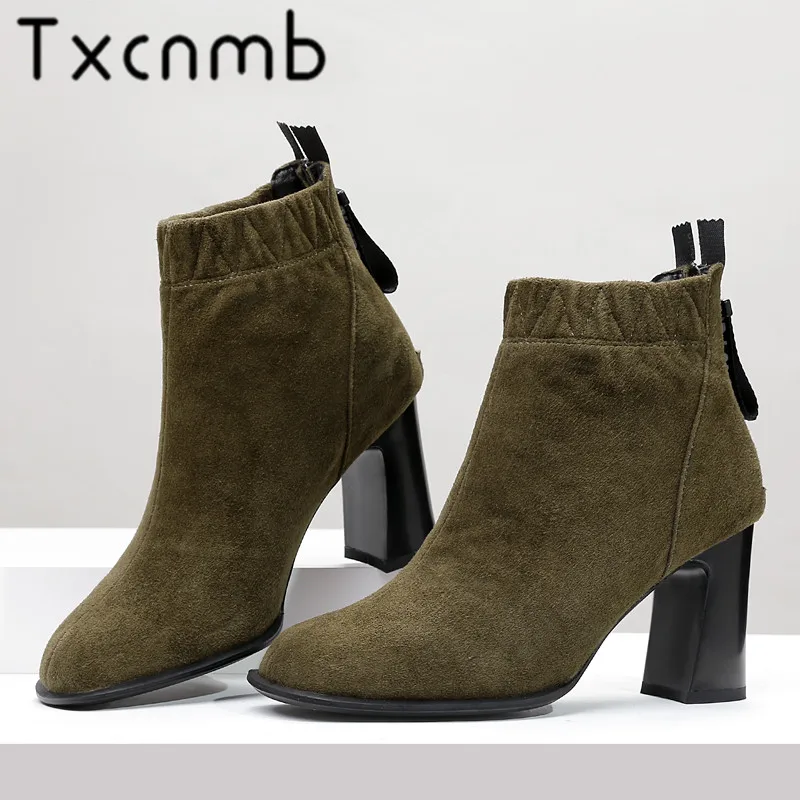 

TXCNMB Warm Suede Leather Autumn Winter Boots for Women Solid Slip on Ladies Boots High Heels Casual Thick Plush Shoes Woman