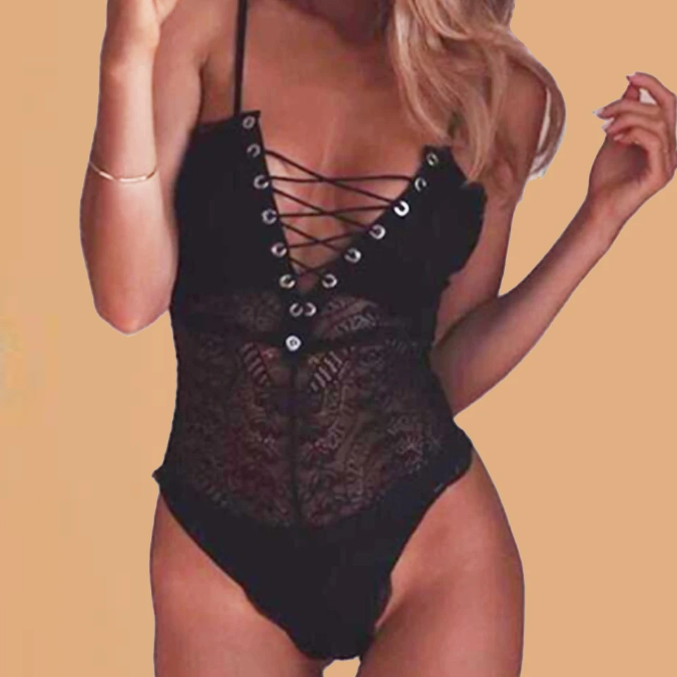 

Micro Bodysuit Thong Black Mesh See Through Suspender Bodysuit Women Criss Cross Jumpsuit Deep V Neck Body Transparent Bodysuit