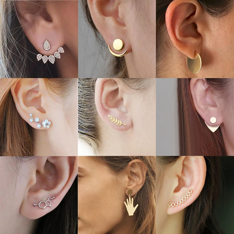 

Jisensp Korean Crystal Double Sided Stud Earrings for Women Piercing Jewelry Geometric Flower Leaf Earrings Brincos Koyle
