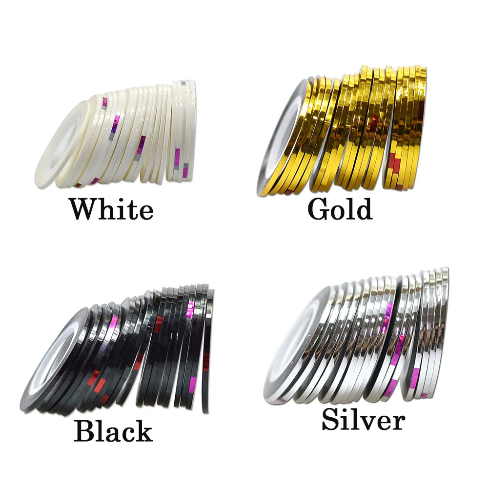 2mm 50 Rolls/Lot Gold Silver Black White Nail Laser Glitter Tips Wire Striping Tape Line DIY Wrap Nail Art Sticker Set NC360-363