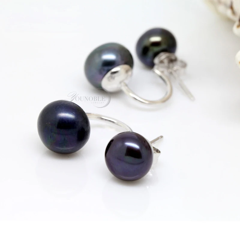 Настоящие двойные жемчужные серьги из серебра 925 пробы, чёрный пресноводный жемчуг серьги для женщин Девушка День рождения лучший подарок - Цвет камня: black pearl earrings