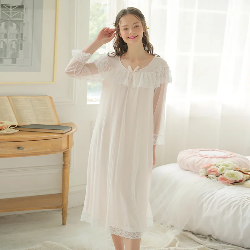 RenYvtil New Summer Princess Long Sleeve Home Lace Gauze Nightgown Soft ...