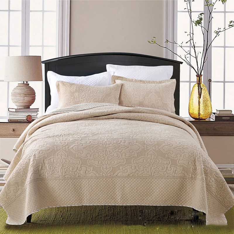 - CHAUSUB Europe Quilt Set 3PCS Quilted Bedspread Cotton Quilts Bed Cover Sheets Pillowcase Coverlet King Queen Size Bedding