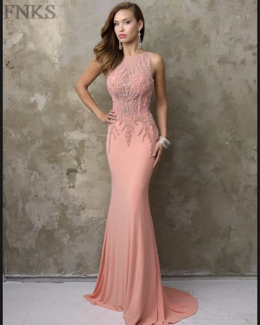Pretty Peach Mermaid Evening Dresses 2017 Crystal Beading Sheer Back Pretty Peach Mermaid Evening Dresses 2017 Crystal Beading Sheer Back Prom Dress Formal Women Party Gown