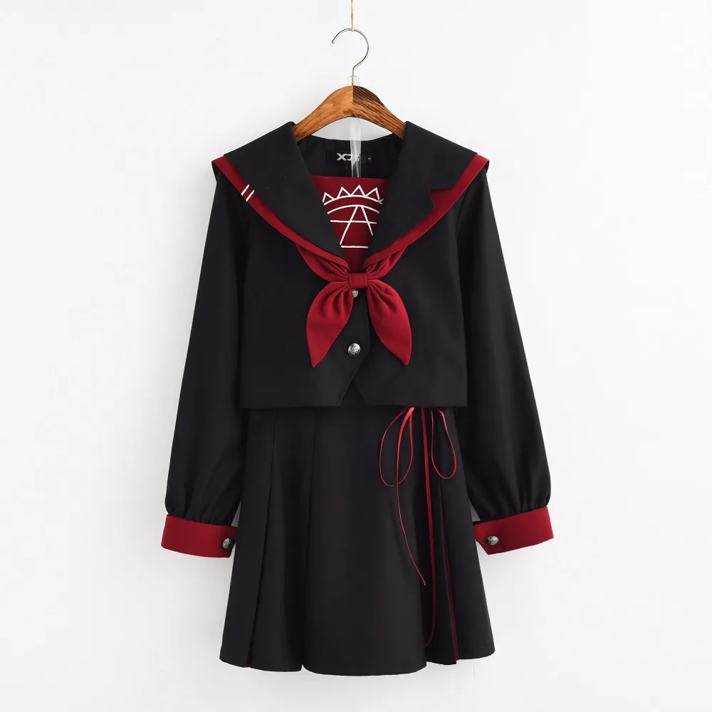 

UPHYD Long Sleeved JK Uniforms Black High School Girl Uniform TOP+Pleated+Tie Skirt Sailor Uniform