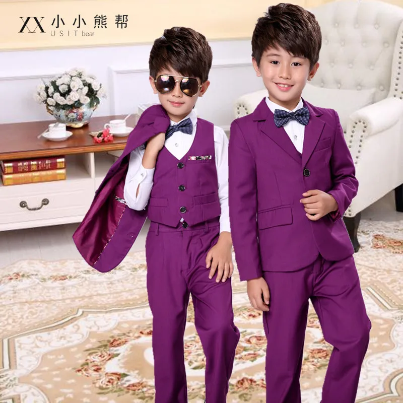 

3 pieces Child suits High Quality Wedding boy suits Jacket pant vest kid Formal Dress School Student Party Costumes Purple Black