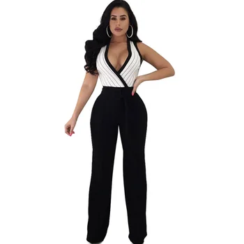

2018 Women Elegant Black Formal Jumpsuits and Rompers Sexy V-Neck Sleeveless Loose Wide Leg Pants Party Club Overalls with Belt