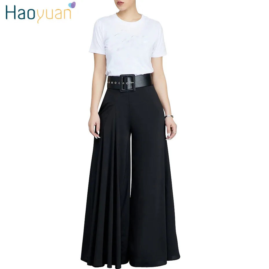 

HAOYUAN Casual Loose Pleated Wide Leg Pants Trousers Women 2018 Fashion Autumn Mid Waist Streetwear Elastic Waist Palazzo Pants