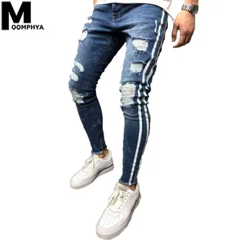 

Moomphya 2019 New Side Stripes Distressed Holes Skinny Jeans Men Streetwear Hip Hop Denim Ripped Jeans For Men Blue Biker Jeans