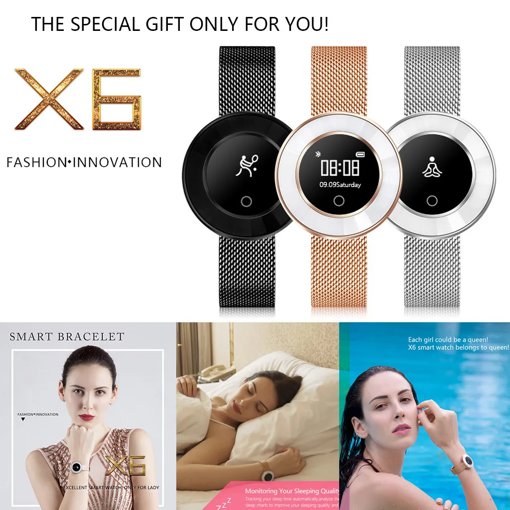 

Top Luxury Brand X6 Blood Pressure/Blood Oxygen/Heart Rate Monitor Girls Waterproof Smart Bluetooth Bracelet Watch clock Gift