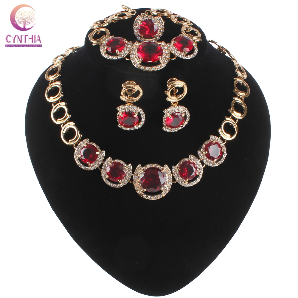 Women Wedding Jewelry Sets Classic Red Gem Crystal Gold color Crystal