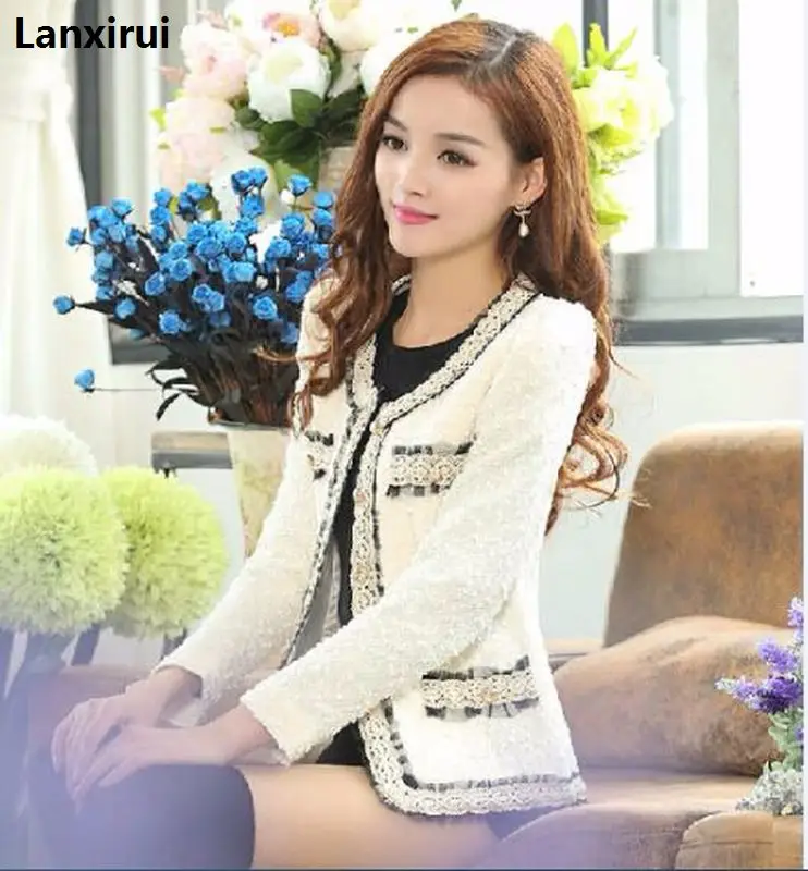 Women Clothing Long Sleeve V -Neck Spliced Tweed Jacket Short Coat Female Casual Fashion Slim Patchwork Cardigans Outerwear