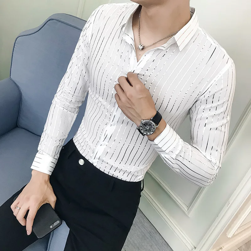 

Hot gold and silver shiny shirt male Korean version of the slim nightclub hair stylist trend handsome shirt youth shirt