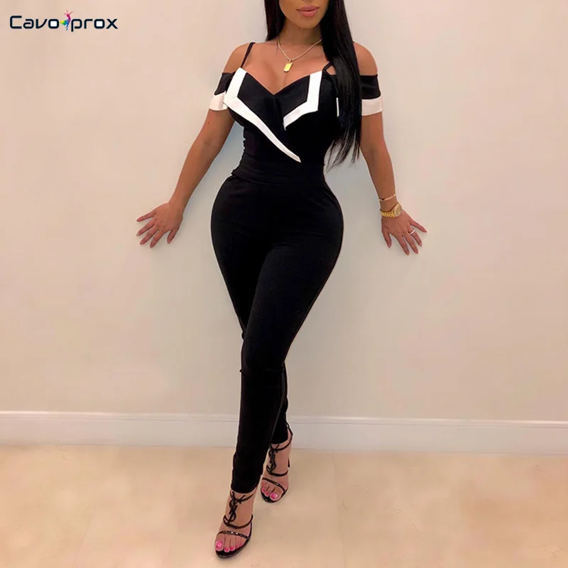 

Women Color Block Cold Shoulder Bodycon Skinny Jumpsuits Streetwear Overalls Plus Size Slim Fit Fashion New Trends Jumpsuits