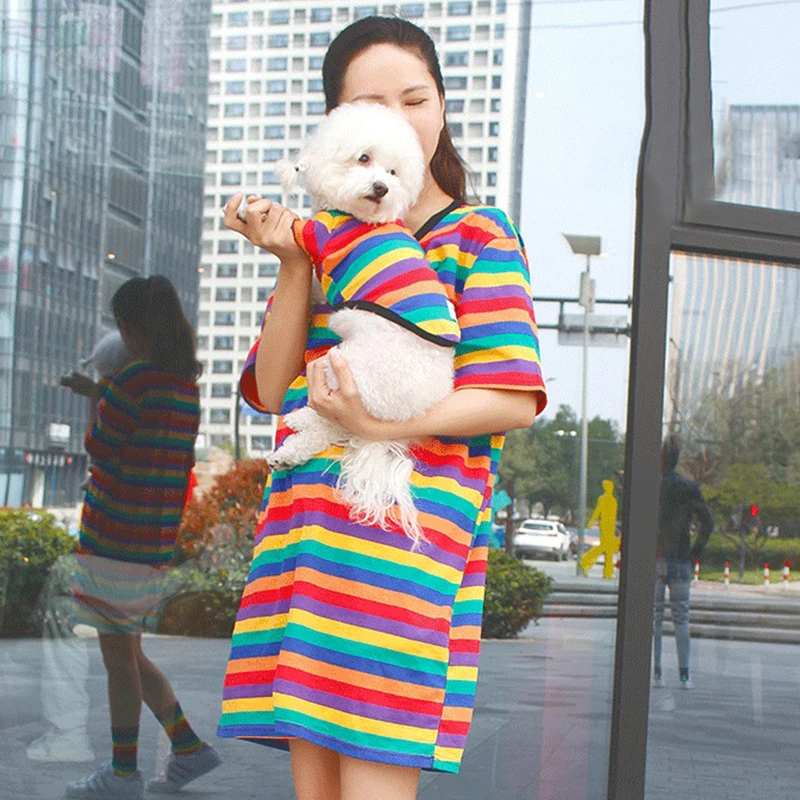 

Cotton People-Pet Dog Matching Clothes for Small Dogs Clothing Chihuahua Rainbow Striped Summer Cool Tshirt Yorkshire XS-2XL