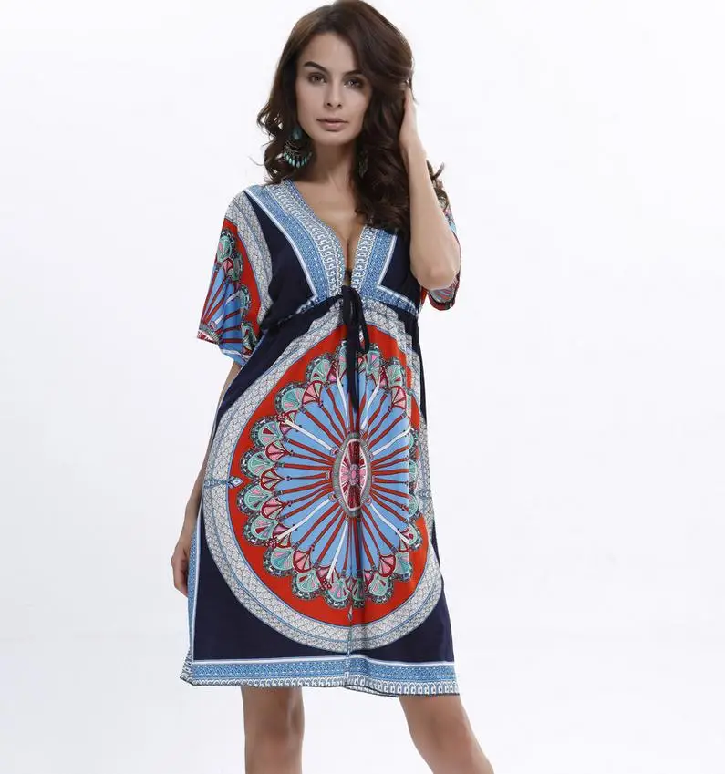 

Lady New Bohemian Summer Style Women Short Sleeve Deep V Neck Casual Fashion Print Mini Sexy Beach Dresses Plus Size M-XXL