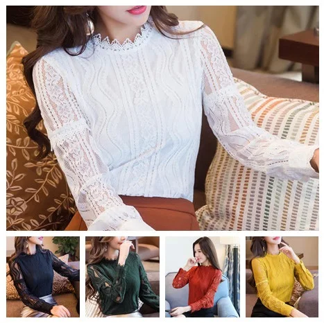 Women Hollow Out Lace Blouse Fashion Solid Color Long Sleeve Shirt Women