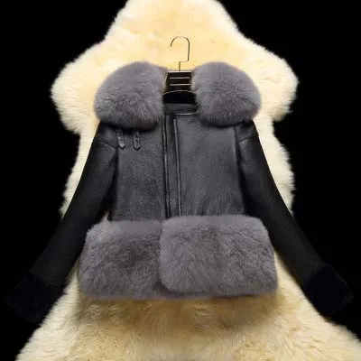 Роскошная женская кожаная куртка из натуральной овчины с большим воротником из лисьего меха, женская короткая шерстяная куртка черного цвета по индивидуальному заказу - Цвет: black grey fur