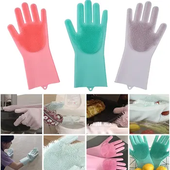 

1 Pair Magic Silicone Rubbe Dish Washing Gloves Eco-Friendly Scrubber Cleaning For Multipurpose Kitchen Bed Bathroom Hair Care
