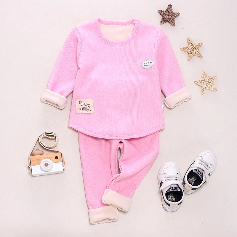 Зимняя однотонная хлопковая детская пижама, комплекты, теплая одежда для маленьких девочек и мальчиков, детская одежда для сна из плотного бархата для мальчиков и девочек - Цвет: Розовый
