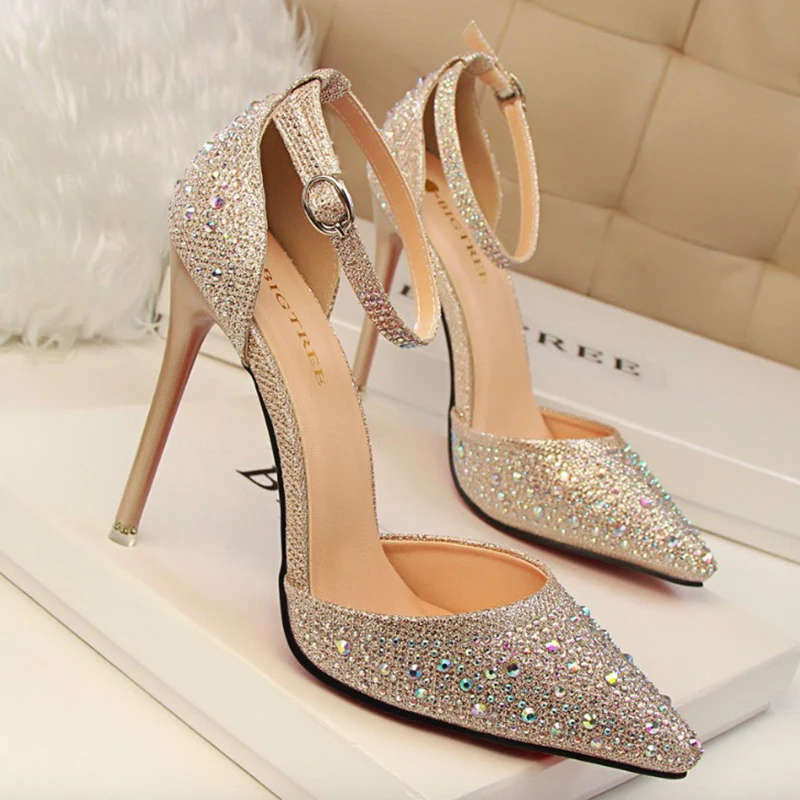 Женская обувь высокая heelssexy женская на высоком каблуке серебристые со стразами