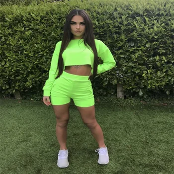 

Women Autumn Long Sleeve O-Neck Crop Top Sweatshirt High Waist Shorts 2Pcs Set Ladies Casual Spring Solid Tracksuit Outfit