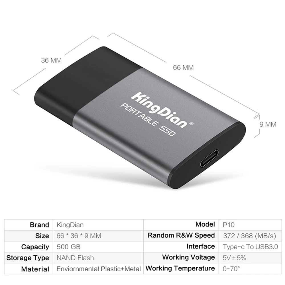 KingDian P10 портативный SSD USB 3,0-адаптер type-C 250 ГБ/500 Гб внешний твердотельный накопитель для компьютера, ноутбука, настольного телефона